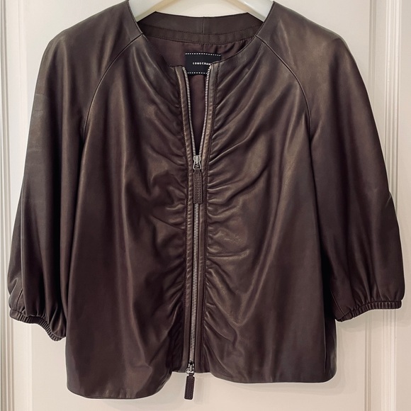 ❤️ LONGCHAMP PARIS DESIGNER LUXURY LAMB KIDSKIN LEATHER CROPPED RUCHED JACKET - Picture 6 of 14